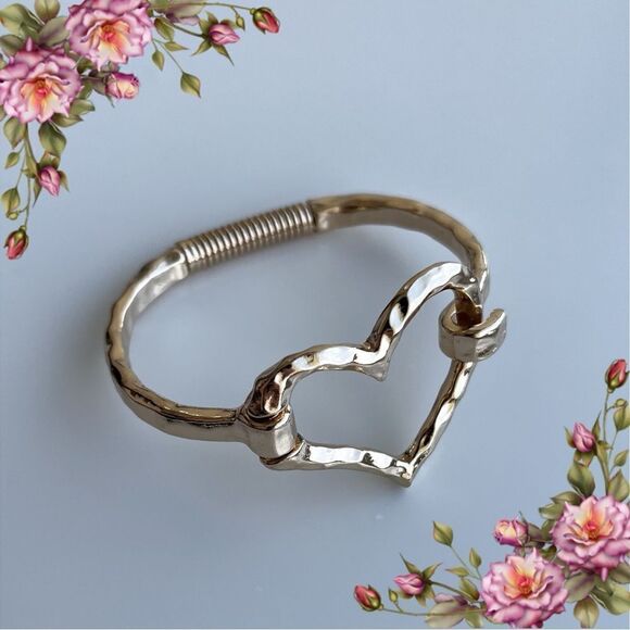 Gold Color Heart Shaped Open Cuff Bracelet - Picture 13 of 13